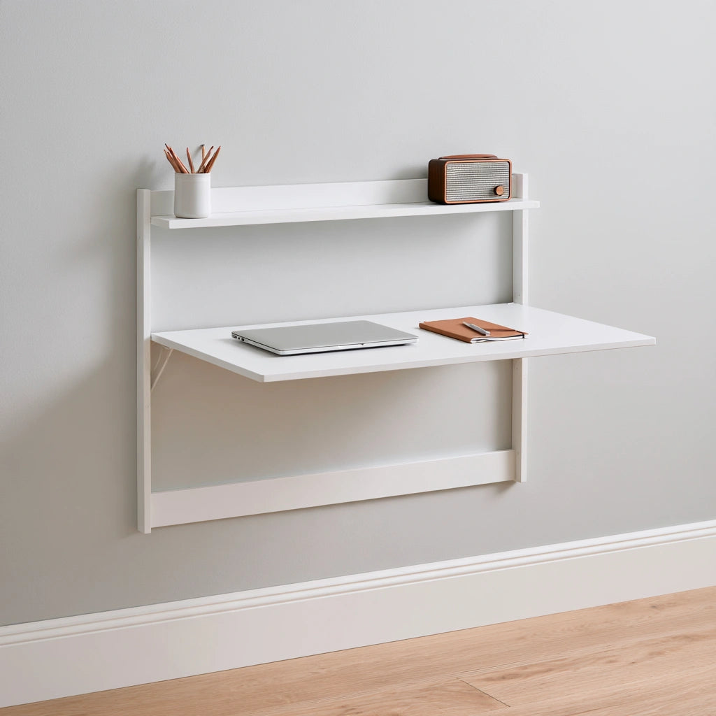 Bureau mural rabattable aux lignes épurées mural suspendu pliant, coloris gris clair et blanc