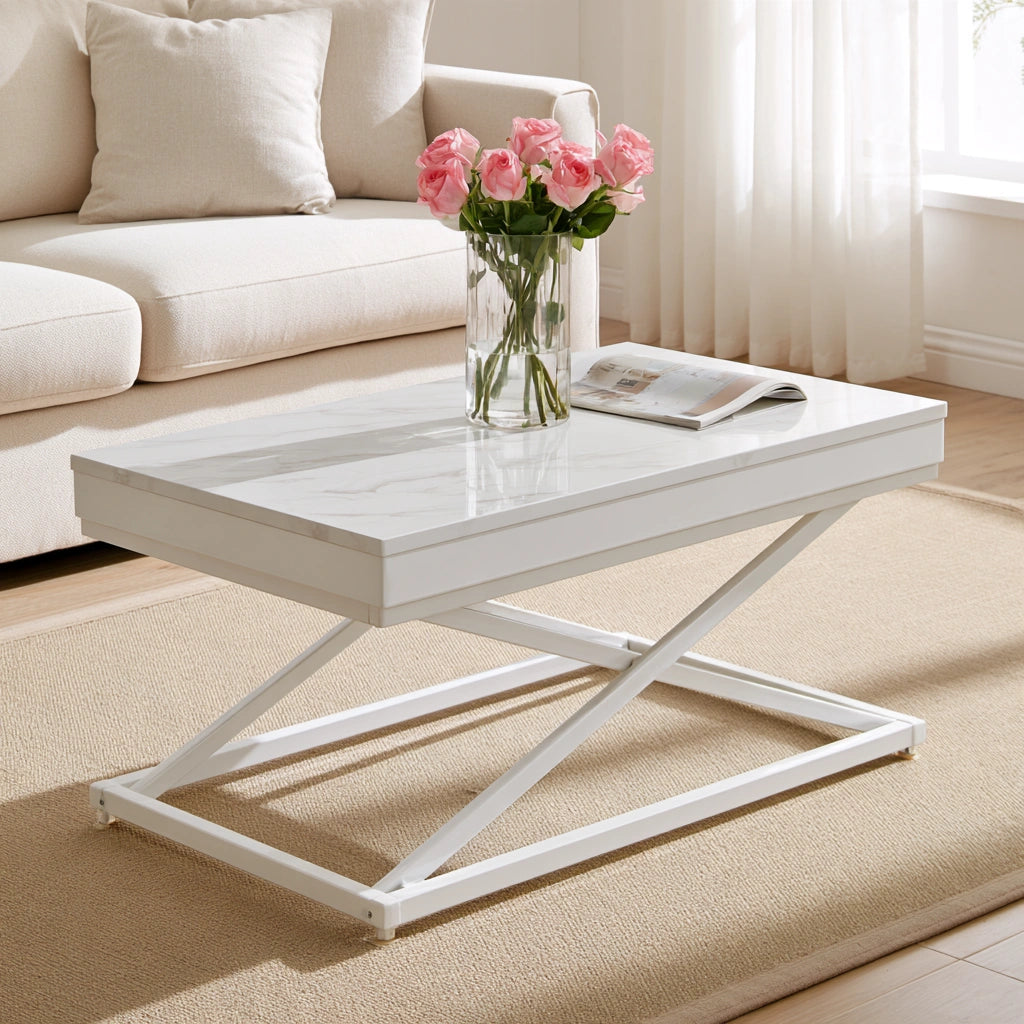 Table basse à plateau relevable à finition effet marbre réglable, coloris blanc