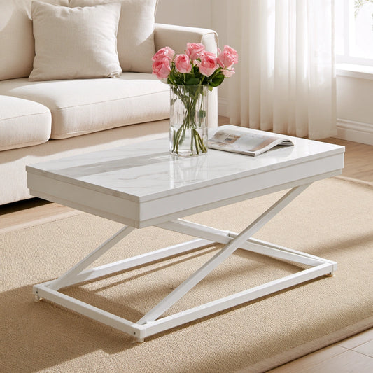 Table basse à plateau relevable à finition effet marbre réglable, coloris blanc