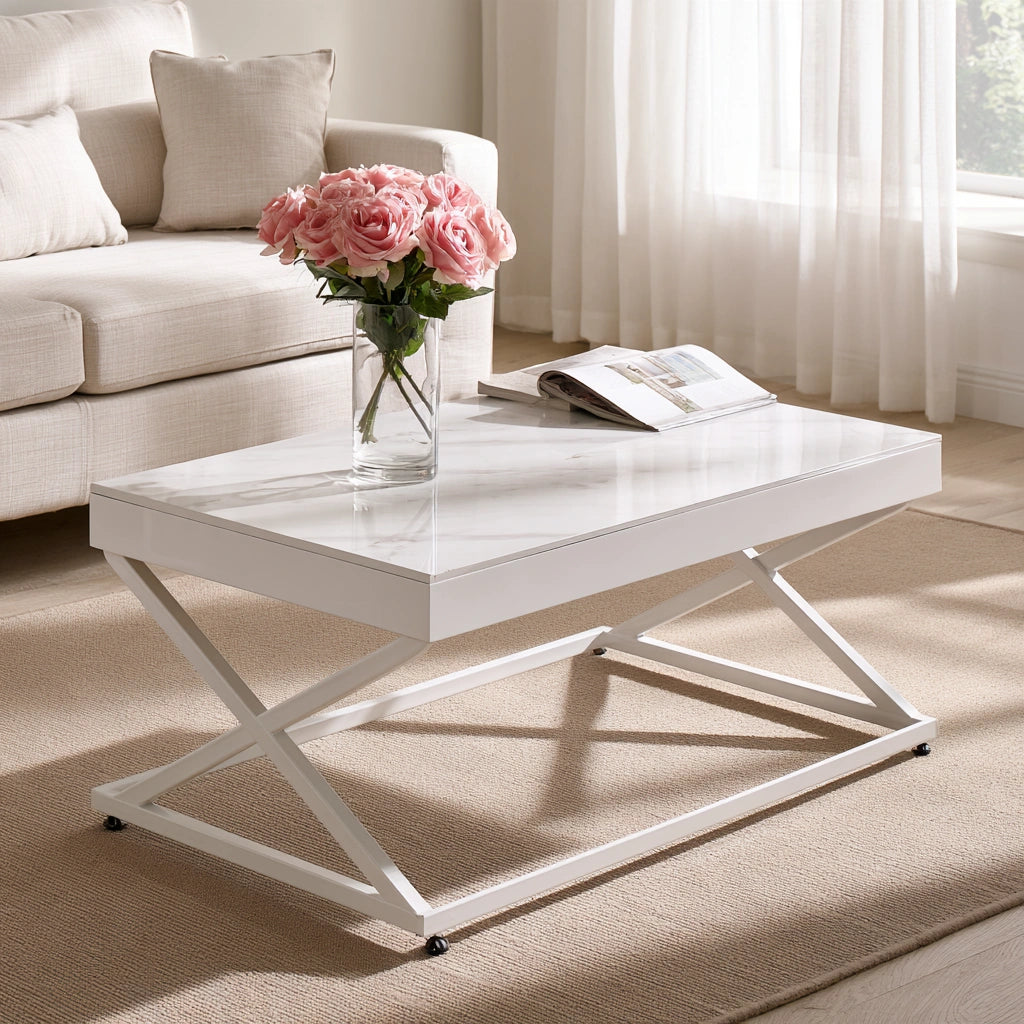 Table basse à plateau relevable à finition effet marbre réglable, coloris blanc
