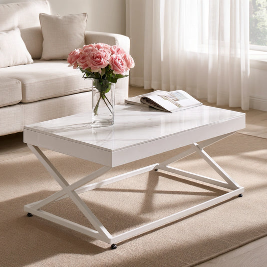 Table basse à plateau relevable à finition effet marbre réglable, coloris blanc