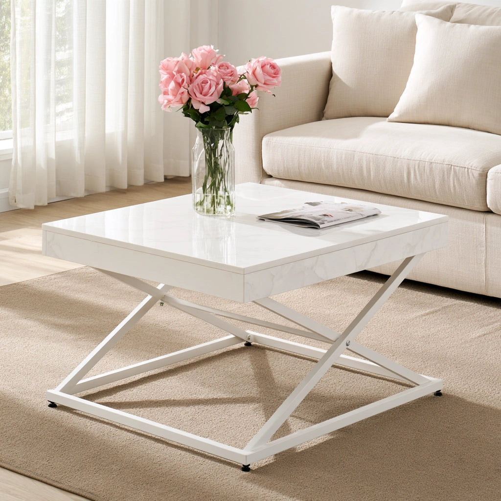 Table basse à plateau relevable à finition effet marbre réglable, coloris blanc