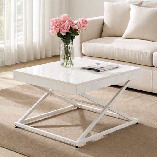Table basse à plateau relevable à finition effet marbre réglable, coloris blanc