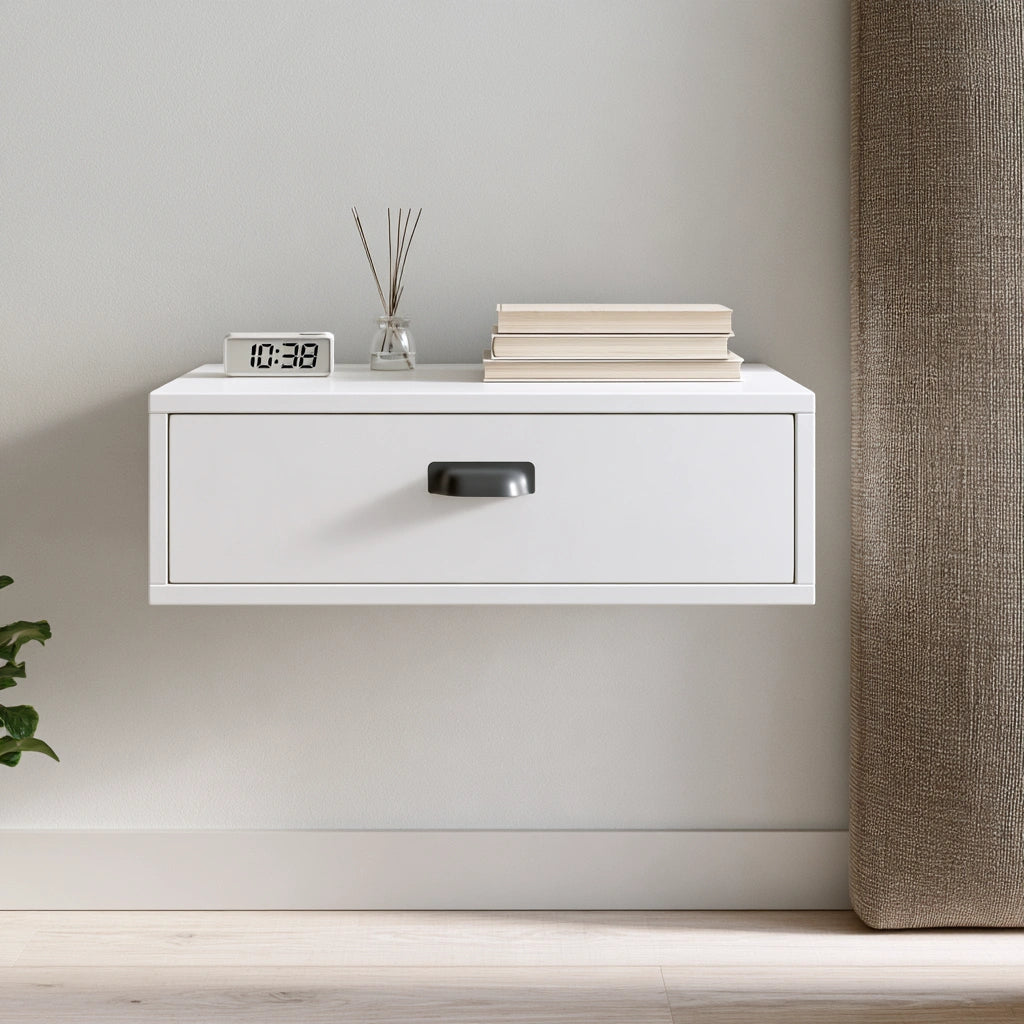 Table de chevet aux lignes épurées mural suspendu, coloris blanc