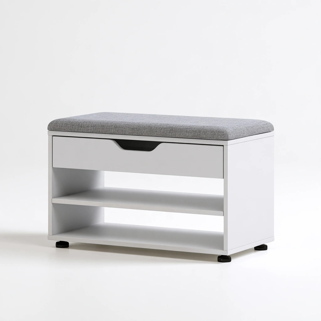 Banc à chaussures avec assise rembourrée en bois, coloris blanc