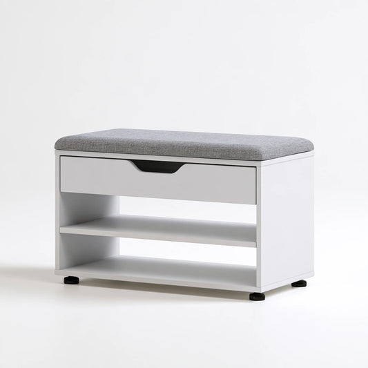Banc à chaussures avec assise rembourrée en bois, coloris blanc