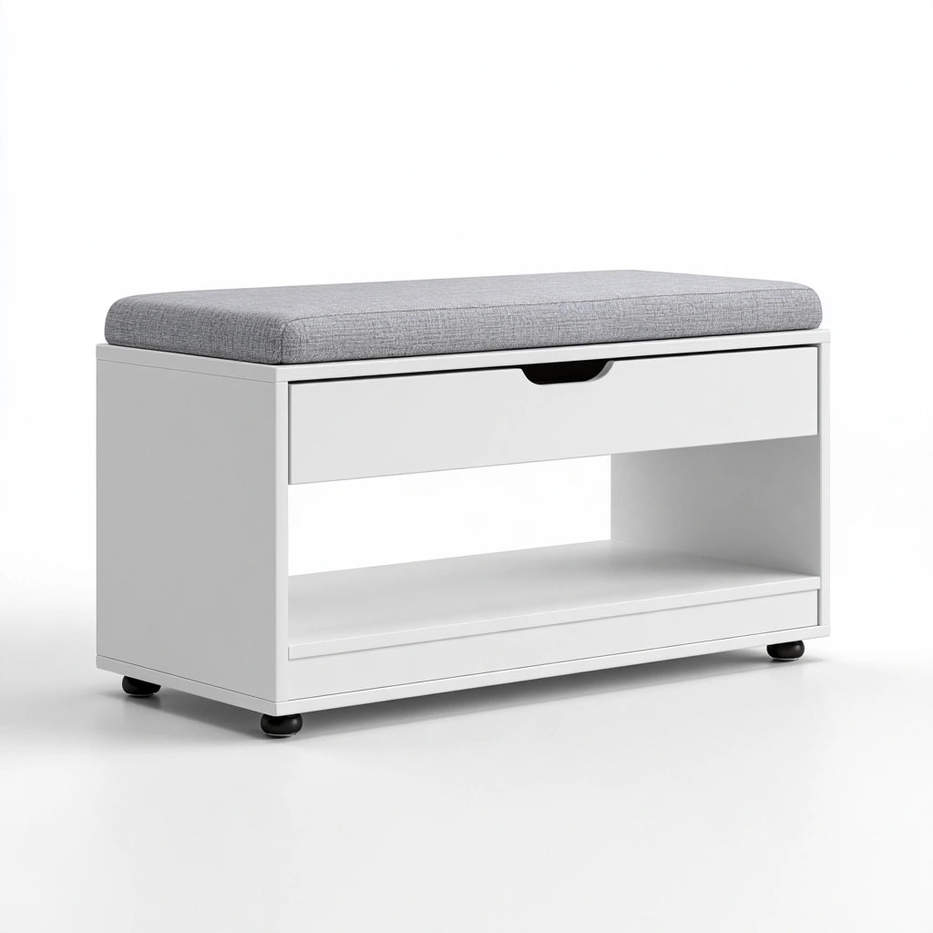 Banc à chaussures avec assise rembourrée en bois, coloris blanc