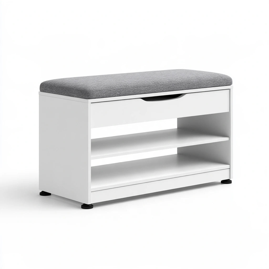 Banc à chaussures avec assise rembourrée en bois, coloris blanc