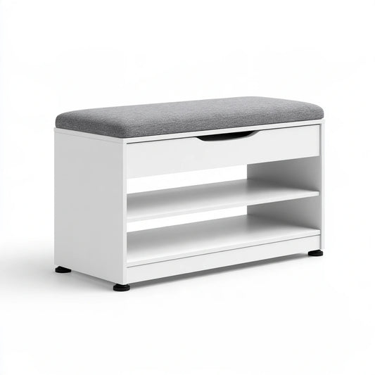 Banc à chaussures avec assise rembourrée en bois, coloris blanc